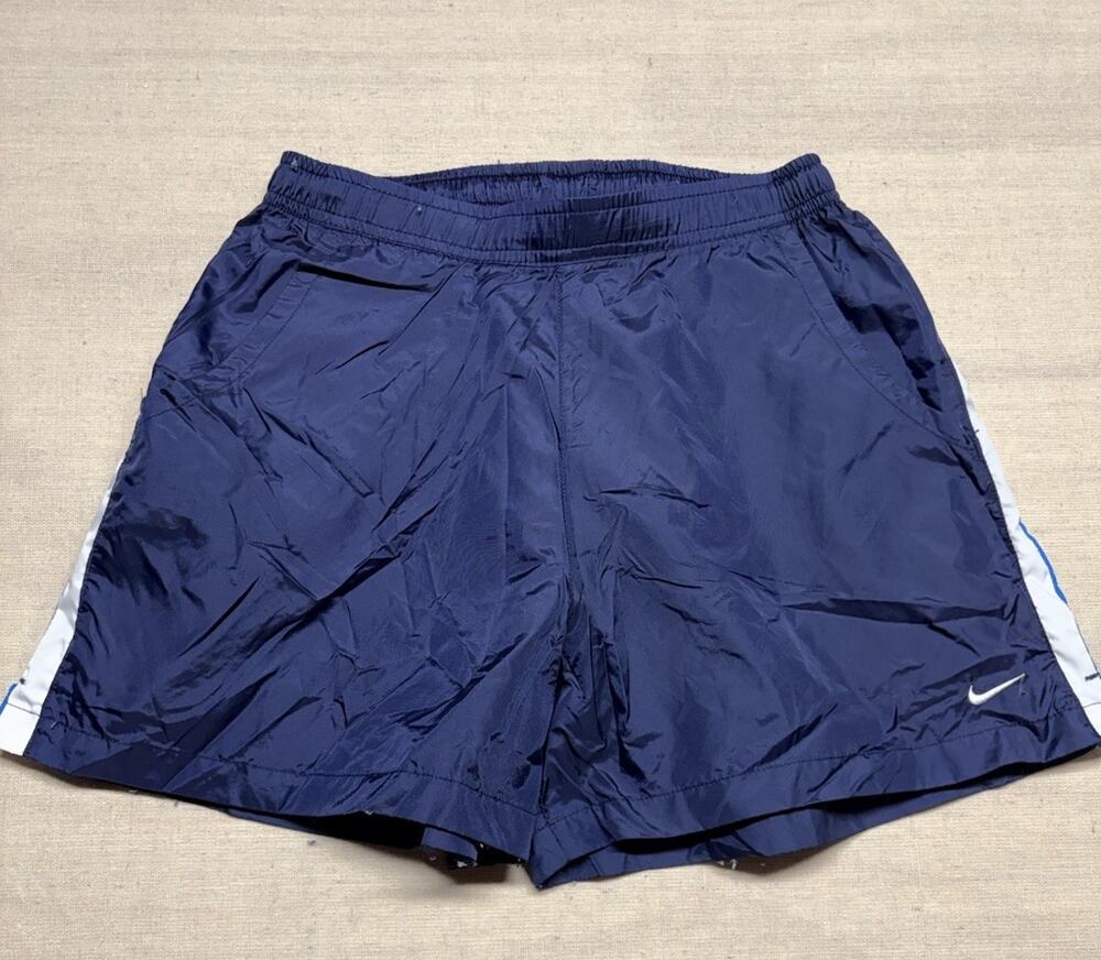 Vintage 90s Nike Embroidered Swoosh Navy Blue Nylon Swim Trunks Medium